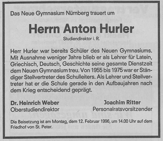 Traueranzeige Anton Hurler