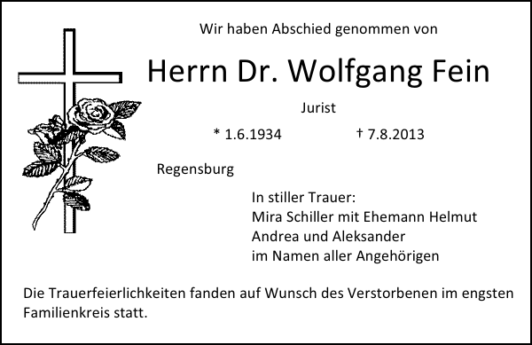 Traueranzeige Dr. Wolfgang Fein