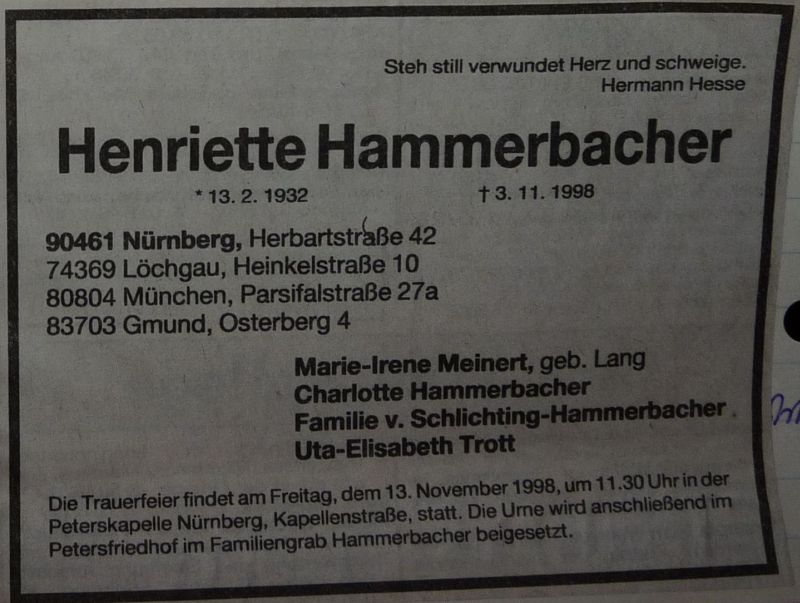 Traueranzeige Hennes Hammerbacher
