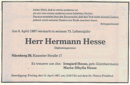 Traueranzeige Hermann Hesse