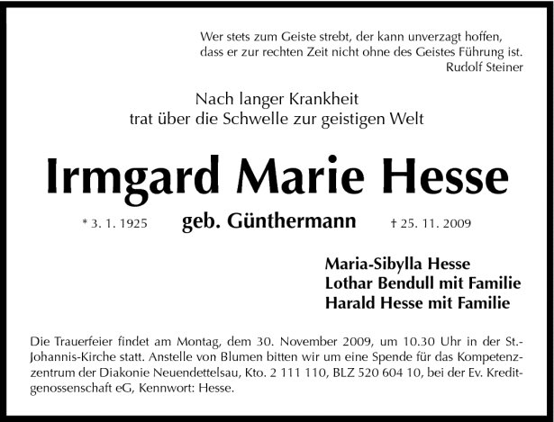 Traueranzeige Irmgard Hesse