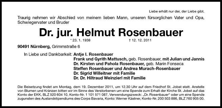 Traueranzeige Dr. Helmut Rosenbauer