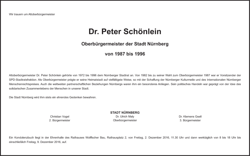 Peter Schönlein Traueranzeige Nürnberg