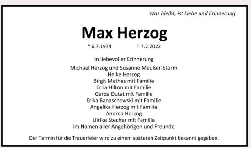 Traueranzeige Max Herzog